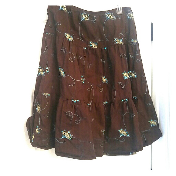 Brown tiered skirt with teal embroidery sequins